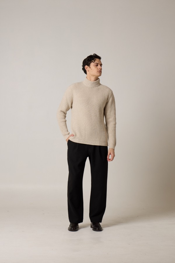 Mock neck sweater, rib stitch, merino blend, yarn dyed