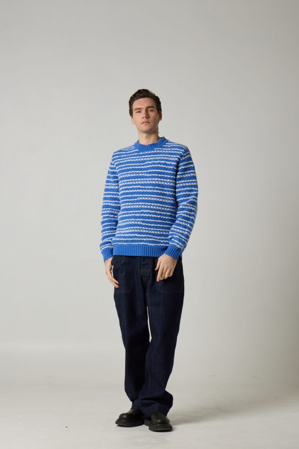 cashmere blend and merinos tape striped crew neck sweater, 5 gauge